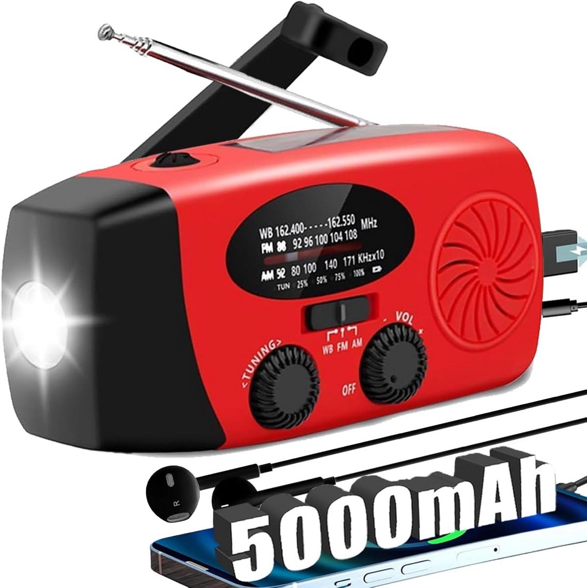 Noodweeralarm Radio met Oplaadbare Batterij, Handzwengel en Zaklamp voor Noodsituaties