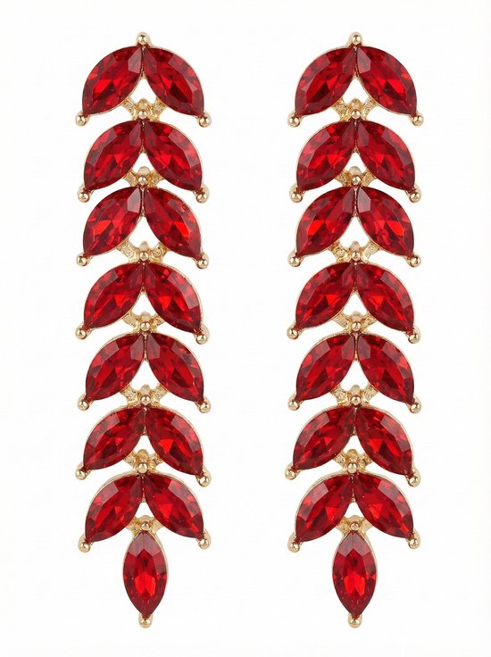 Boucles d'oreilles dorées pour femme - motif feuille longue avec pierres rouges