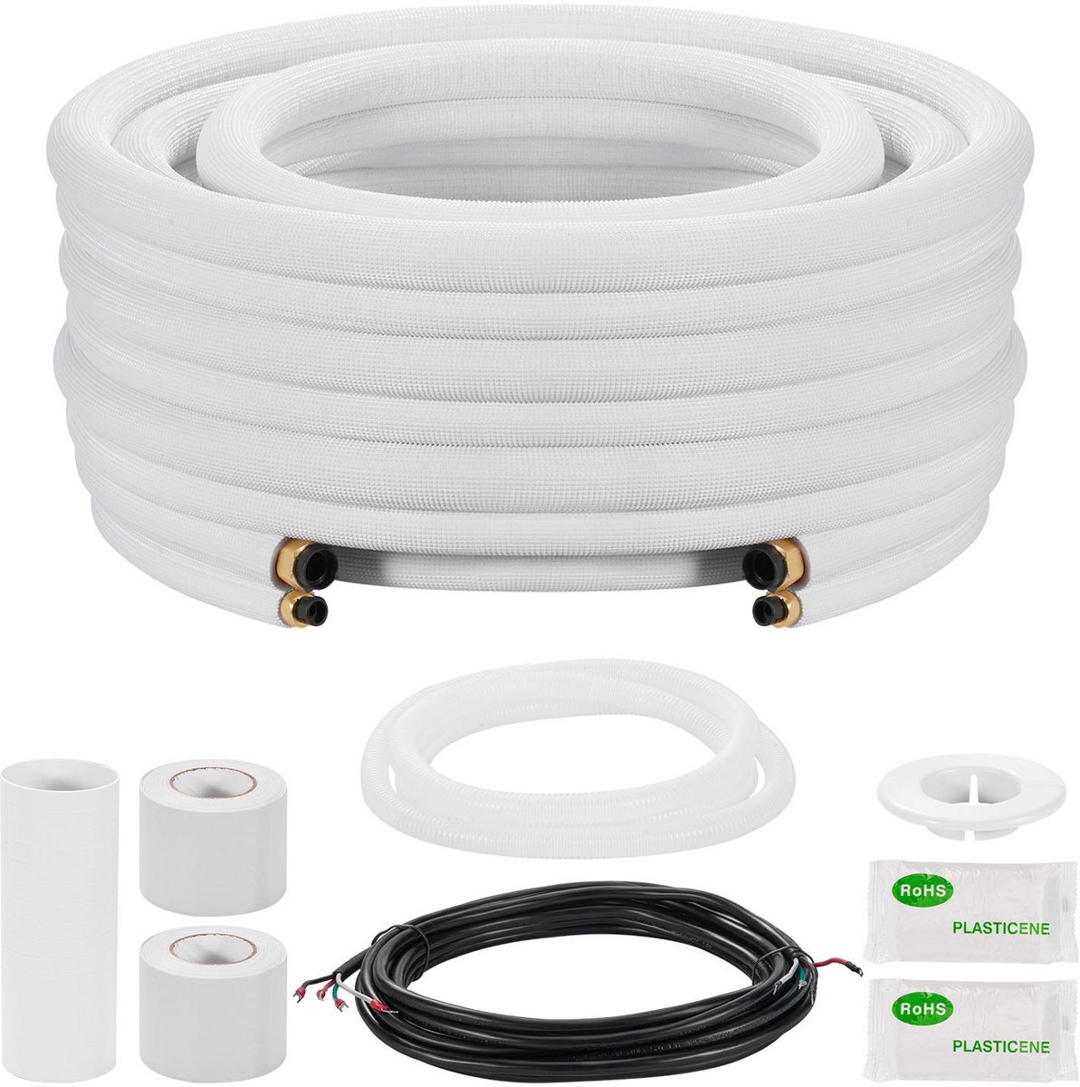 Koelmiddelleiding - Leidingenset Mini-Split - Koperen Buis - Lengte 15,24 m - Buitendiameter 6,4 & 9,5 mm - PE-Geïsoleerd - Met Wartelmoeren en Fittingen - Voor Airco en Warmtepomp