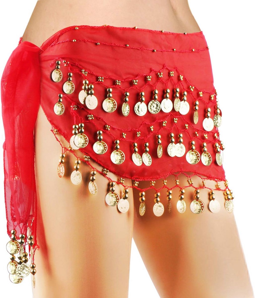 Chiffon Heupsjaal voor Buikdans in Rood met 128 Gouden Muntjes