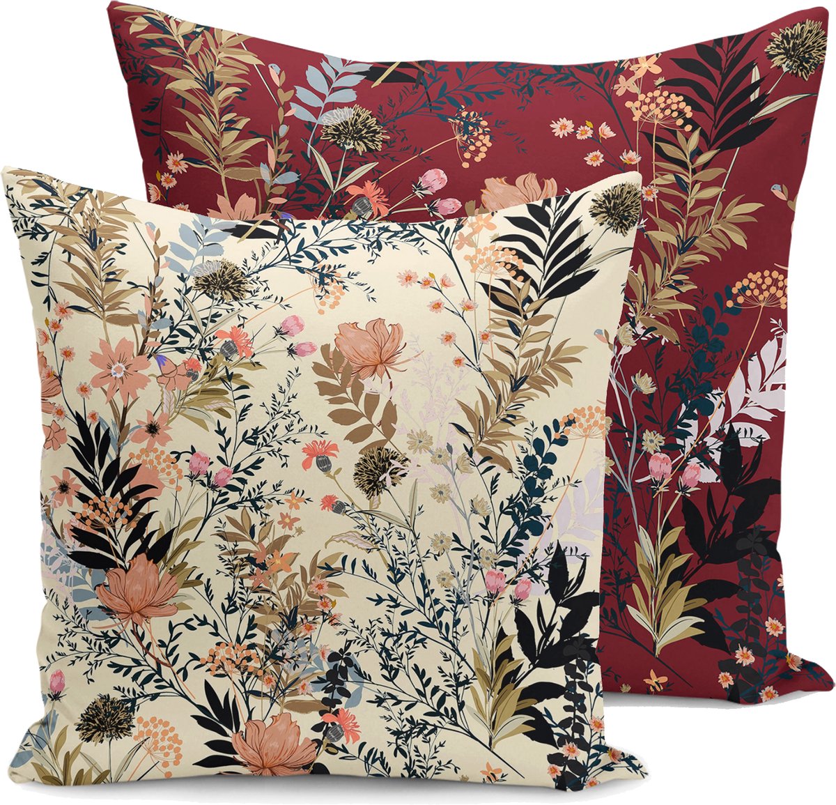 De Groen Home BLOEM - 50x50 cm - Sierkussen velvet set van 2 - bordeaux & beige crème - Inclusief binnenkussen