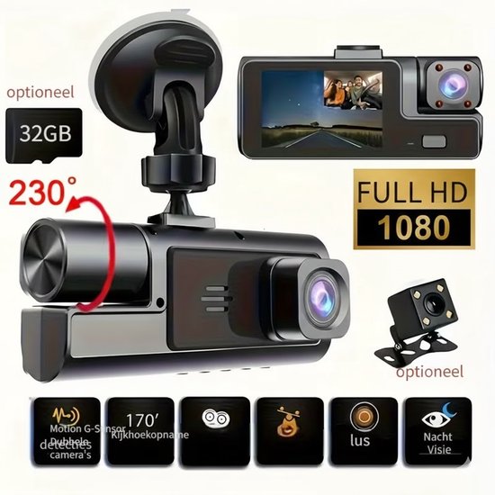 1080p Dashcam voor Auto met Infrarood Nachtzicht, Ingebouwde Audio, 32 GB Geheugenkaart, Loop Recording en Parkeermodus – Voertuigbeveiligingscamera voor Continu Bewaken