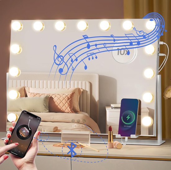 Royals Hollywood Spiegel 63x46CM - Bluetooth Speakers - 360° Rotatie - 15x Led Lampen - USB + USB-C Poort - 10x vergroting - 3 Dimbare lichtstanden - Hollywood spiegel met verlichting - Spiegel met verlichting - Make Up Spiegel - Visagie spiegel