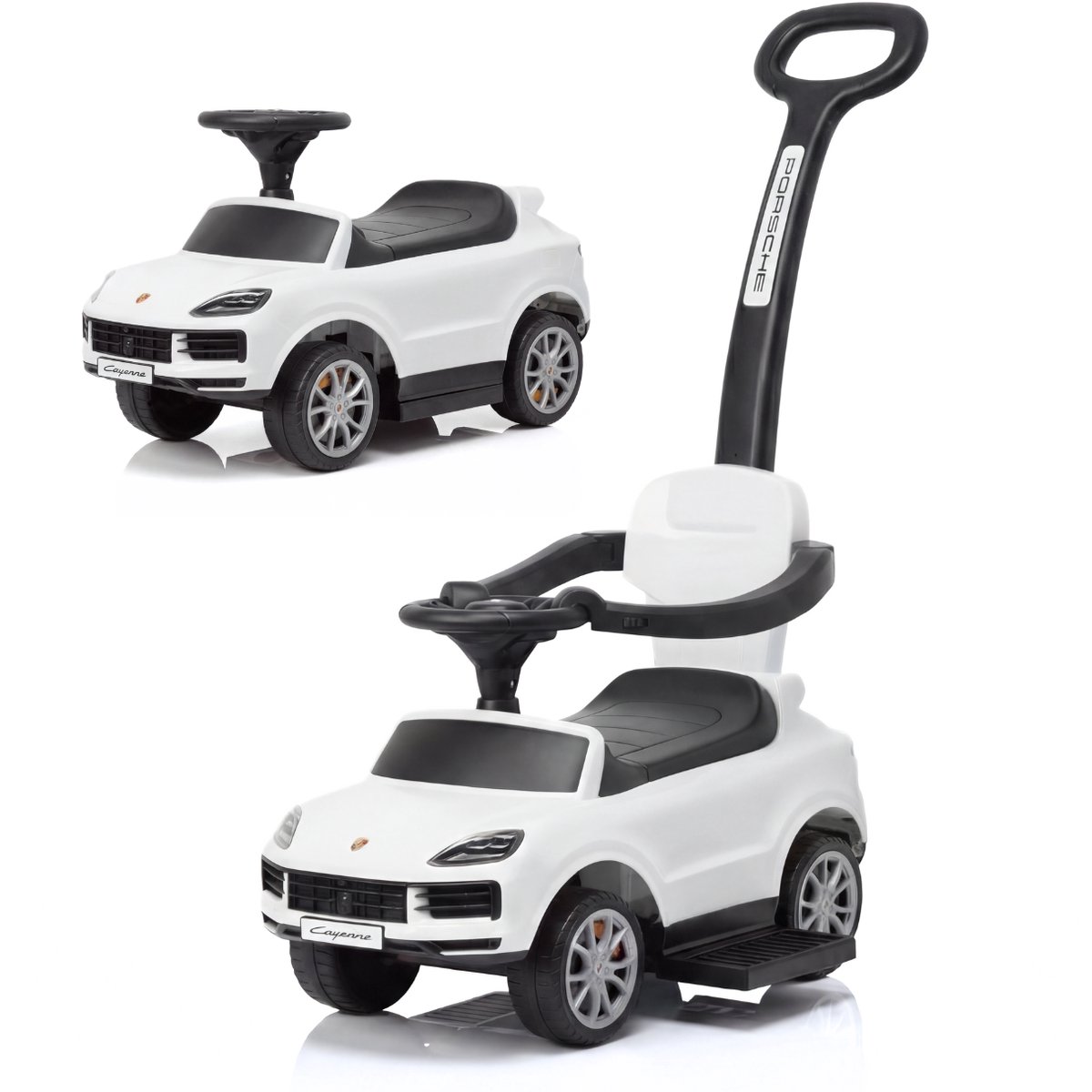 Porsche Cayenne 3-in-1 Loopauto 1 tot 3 jaar – Officieel Gelicentieerde Meegroeiende Kinderwagen met Verstelbare Duwstang – Babyauto met Claxon, Voetsteuntjes & Opbergbox – Wit