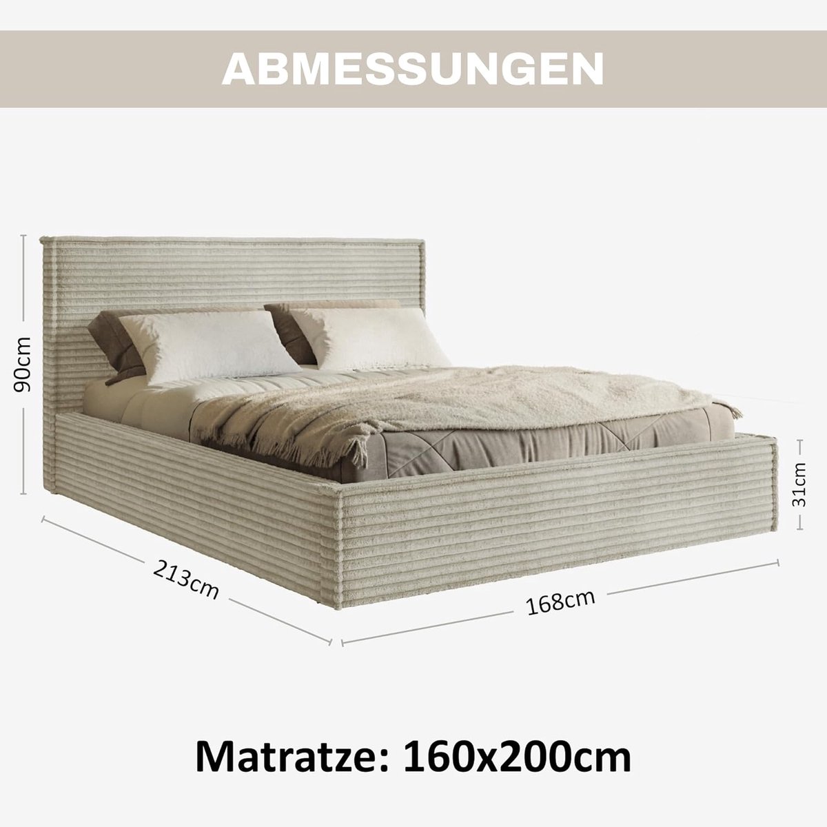 Gestoffeerd Bed 160x200 cm met Opbergruimte & Bedlade – Pauwhome Boho Velvet Luxe Bedframe Beige (Crème) met Hoofdeinde & Lattenbodem – Zonder Matras