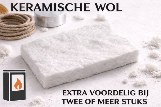 Een rechthoekig stuk wit keramisch wol op een lichte achtergrond. "Keramische wol" staat bovenaan.