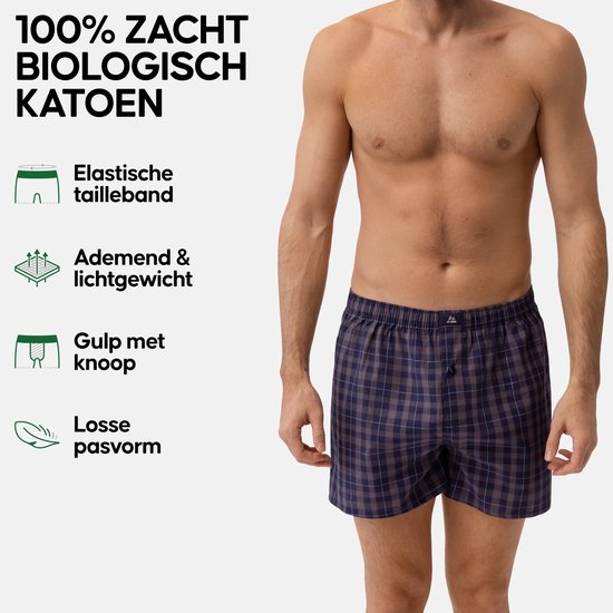 Man met een donkerblauwe geruite boxer met knoopgulp. "100% zacht biologisch katoen".