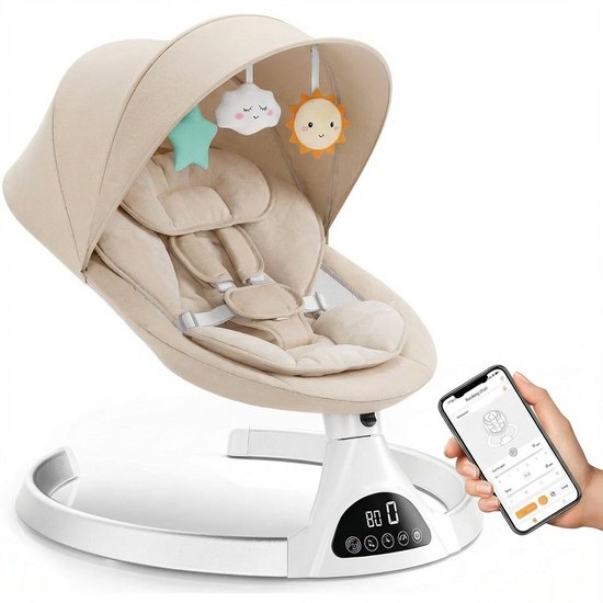 3Babies® Baby Swing – Elektrisch Wipstoel – Babyschommel – Elektrische Schommelstoel baby – Verstelbaar – Wasbare Bekleding – Afstandsbediening en App – Beige
