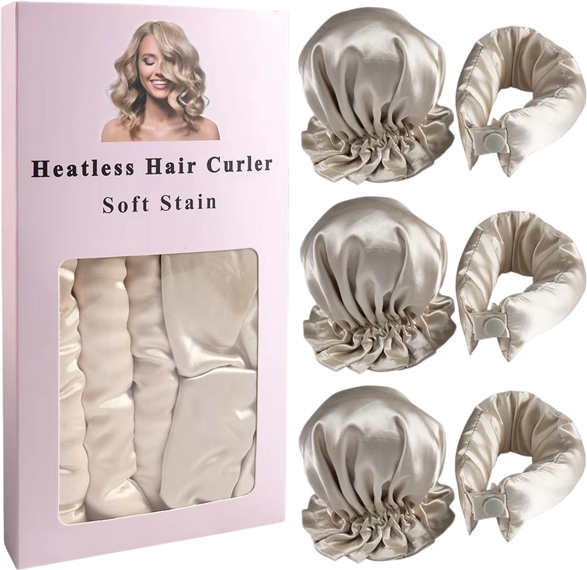 Hittevrije Krulband van Satijn – 3-delige Curling Rod voor Krullen zonder Hitte – Overnight Haar Kruller - WIT