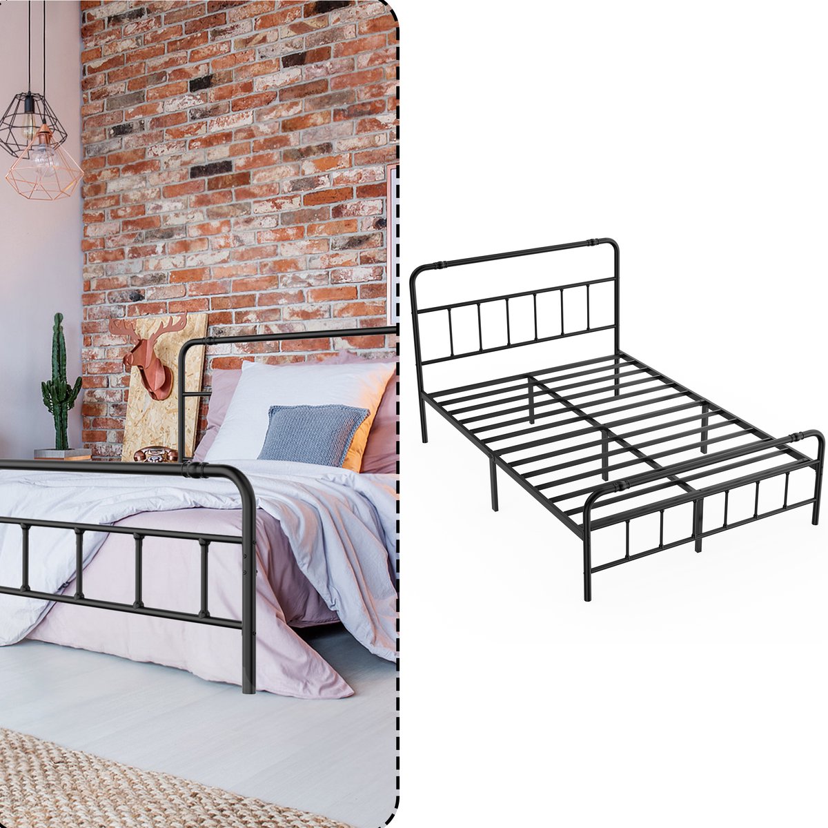 Aufun Metalen Bedframe 140x200 CM Met Hoofdbord - Stalen Bedgestel - Tweepersoonsbed - Geschikt Voor Slaapkamer En Logeerkamer - Zwart