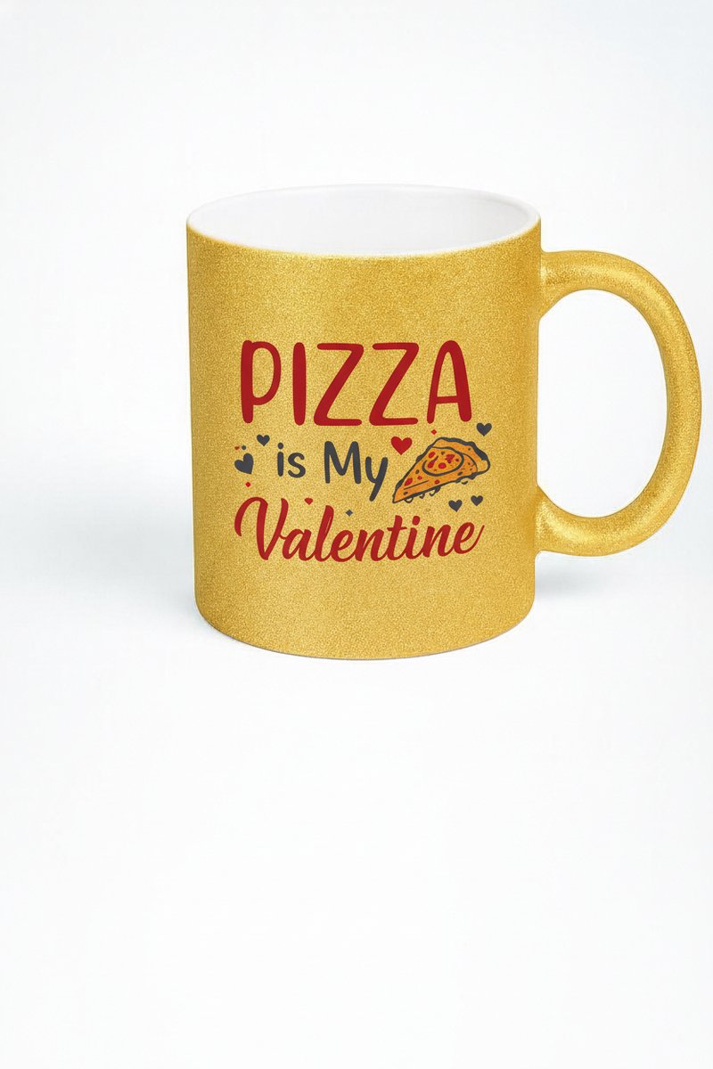 Gouden Glitter Mok 'Pizza is My Valentine' - Uniek Valentijn Cadeau