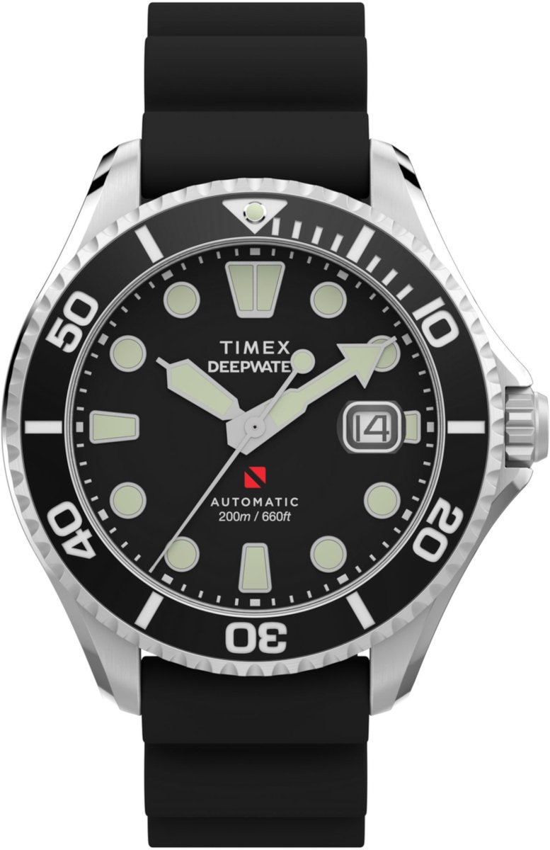 Timex Deep Water Meridian 200 Automatic 200M Mechanisch Automatisch Horloge Zwart En Zilverkleurig Kast Gemaakt Van 100% Roestvrij Staal En Een Band Van 100% Hnbr 44 TW2Y39900AJ, TW2Y40000AJ