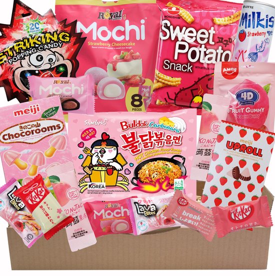Pink Edition Candy Snack Drink Giftbox - SAMYANG Carbonara Noodle - Mochi Roll - Japan Kitkat Chocolade - Asian Snoep Snack pakket - Korean Instant Ramen - Verrassingspakket - Kerstgeschenk - Relatiegeschenk