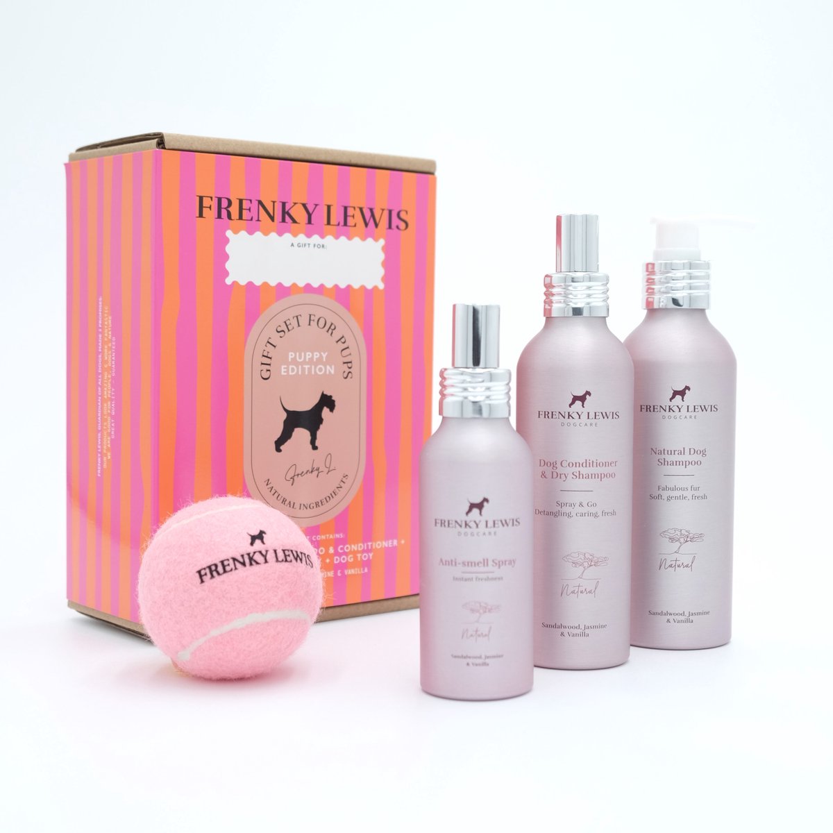 Puppy set 200ml Dog Shampoo + 150ml Dog Conditioner & Dry Shampoo + Anti Smell Spray + Dog Toy - Sandalwood, Jasmine & Vanilla