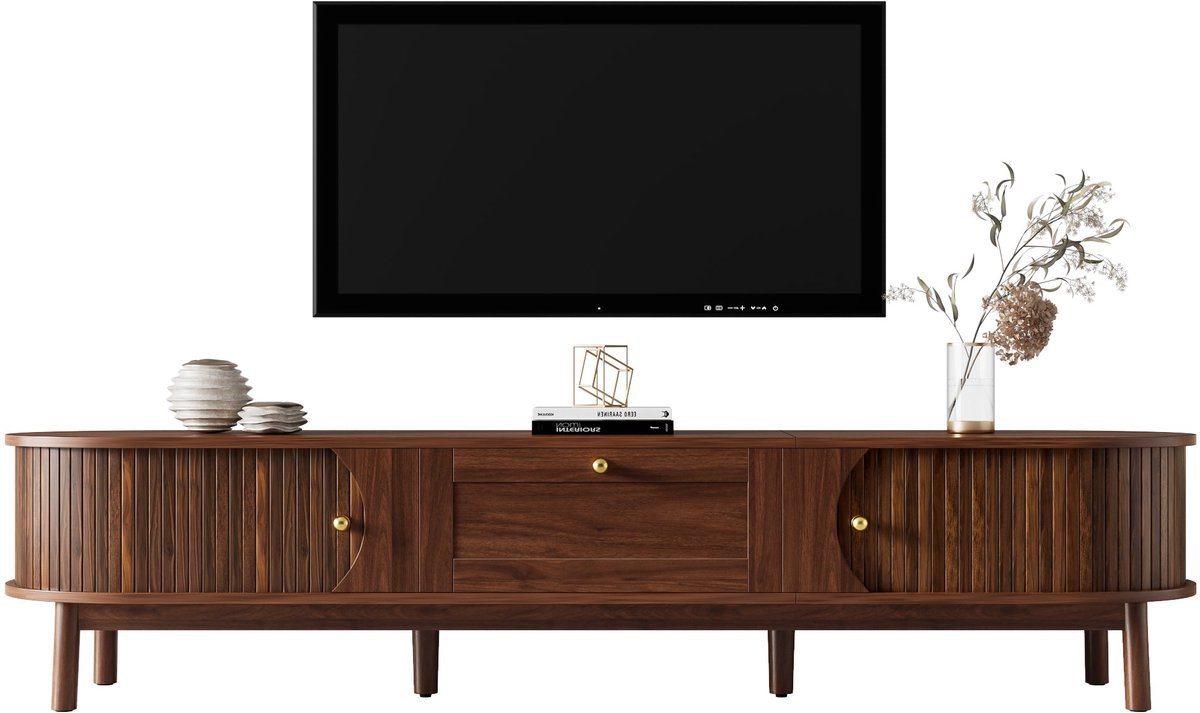 Merax Tv-Meubel 170 Cm Notenhoutkleur - Tv-Kast Met 2 Schuifdeuren En 2 Lades - Afgeronde Hoeken - Houten Poten - 170 X 39,5 X 38 Cm - Draagkracht 50 Kg