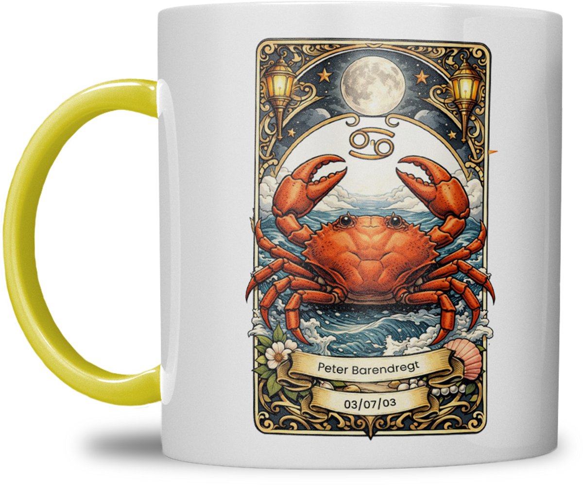 Sterrenbeeld mok - Kreeft - Geel - Tarot mok - Gepersonaliseerd met naam en datum