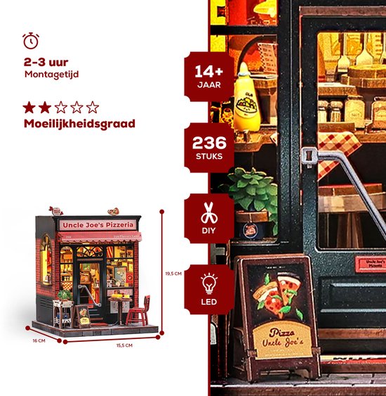 Miniatuur 'Uncle Joe's Pizzeria' met afmetingen, aantal onderdelen en LED-verlichting.
