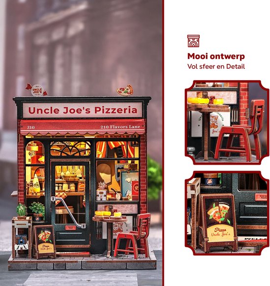 Miniatuur 'Uncle Joe's Pizzeria' met rode luifel en gedetailleerd interieur.
