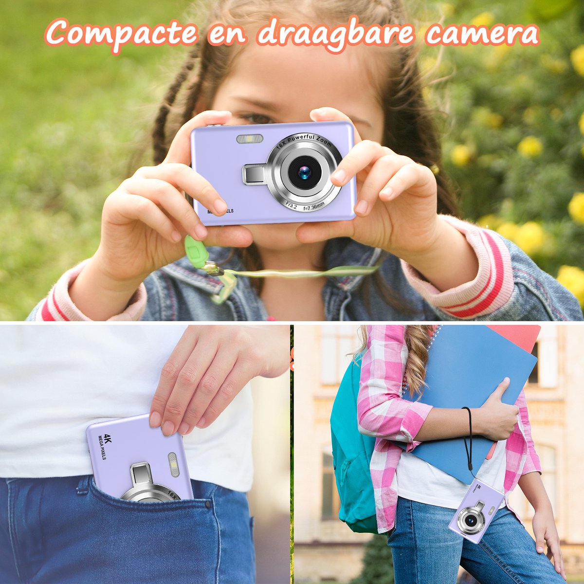 Digitale Camera 44MP - 1080P FHD Video - 2.4 Inch LCD Scherm - 16X Digitale Zoom - Compacte en Draagbare Vlogcamera - Anti Shake Functie - Inclusief 32GB SD Kaart - Paars thumbnail 6