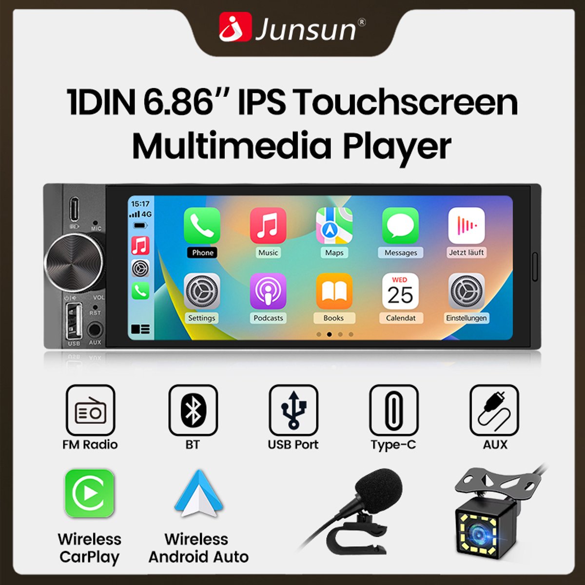 Junsun Enkel-DIN autoradio (met Bluetooth, geschikt voor alle automodellen) — voorzien van USB, AUX en handsfree-functie - Draadloos CarPlay & Android Auto - inclusief Microfoon + achteruitrijcamera - stuurwielbediening - 6.86 inch display