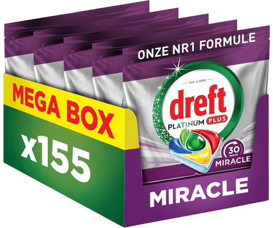 Dreft Platinum Miracle All-In-One - 30 Minute Miracle Vaatwastabletten - Citroen - 155 stuks
