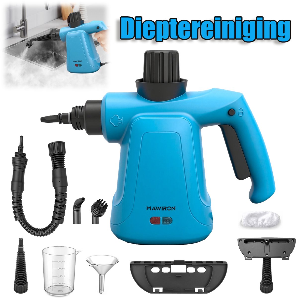 Handstoomreiniger, hogedruk multifunctionele stoomreiniger met 9 accessoires, chemievrije stoomreiniger voor huishoudelijk gebruik, voor het reinigen van vloeren, tegels, ramen, banken en voegen (blauw)