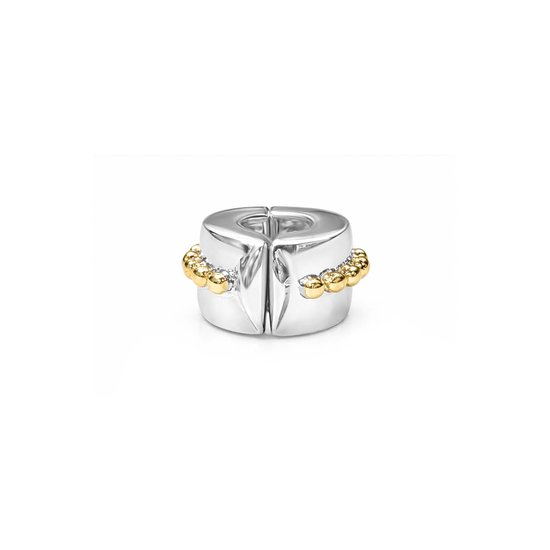 Zilveren stopper bedel met rij gouden bolletjes, voor armbanden.