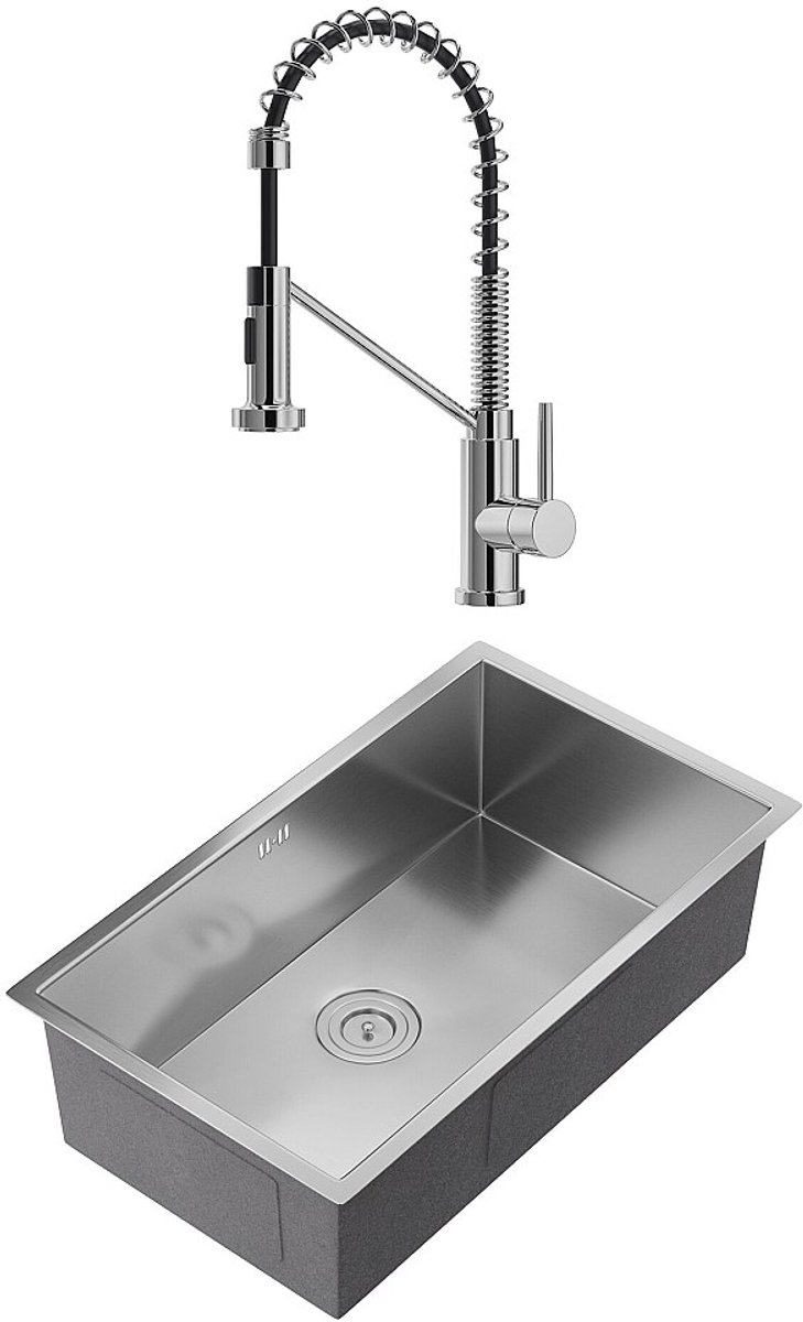 Vente-unique Set gootsteen 76 x 45 cm SOELA + kraan met douchekop ROFLEX van roestvrij staal - Grijs en verchroomd