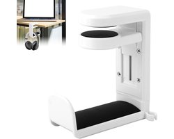 Koptelefoon standaard - Hoofdtelefoon hanger - Koptelefoon houder voor onder bureau - Headset hanger - Headset standaard - Opbergrek - Haken - met 360 graden draaibare haak en kabelclip - voor hoofdtelefoons, petten, brillen - wit