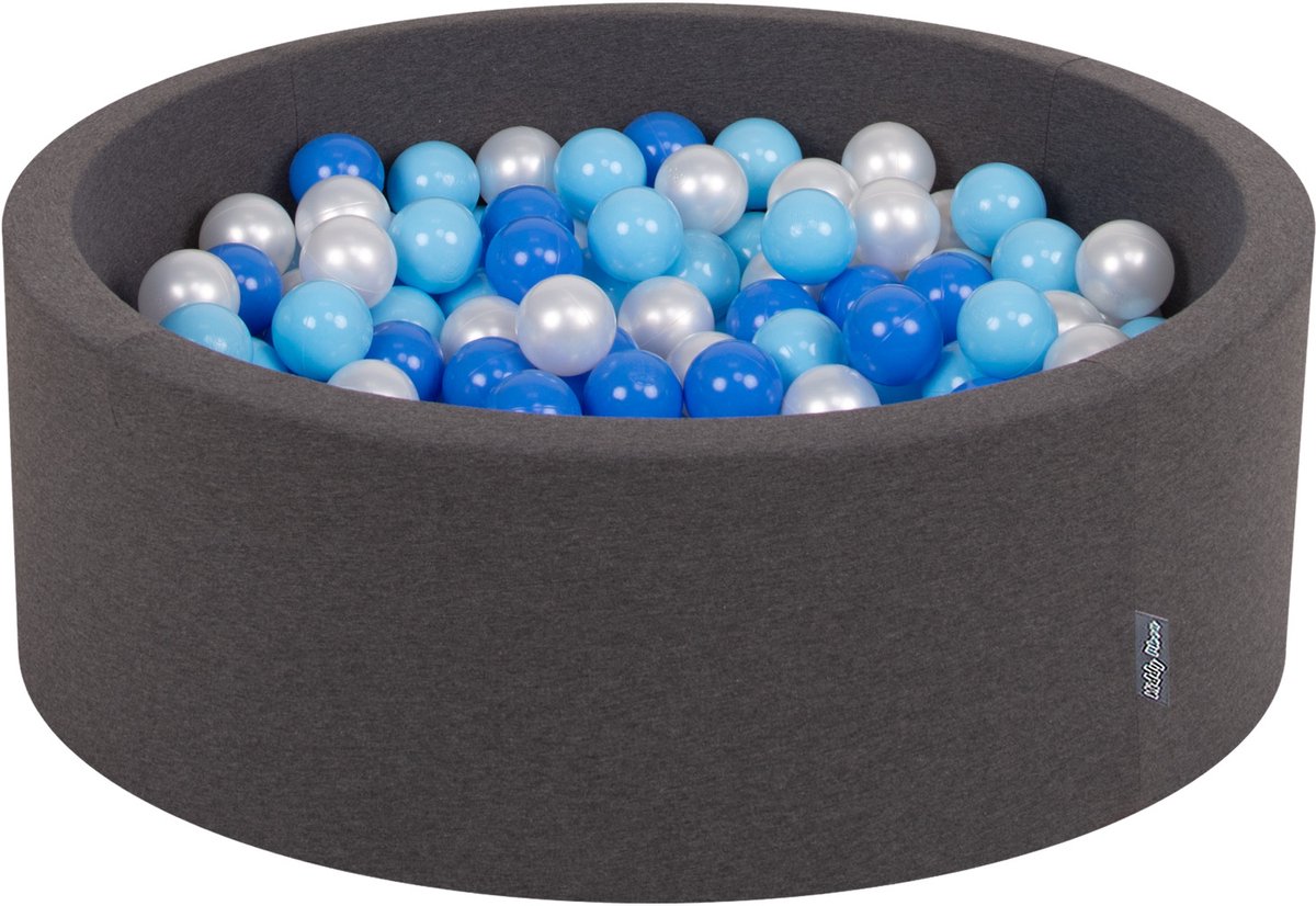 KiddyMoon Schuim ballenbad baby 90x30cm 200 ballen - Ballenbak kinderballen - Wasbare hoes - Donkergrijs: Babyblauw Parelmoer