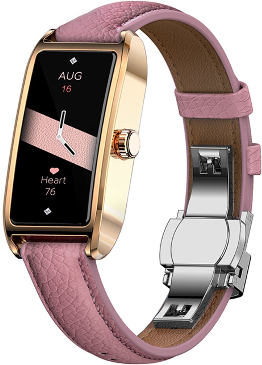 WizBay Premium Select® 1.13 Inch AMOLED Smartwatch Goud met Roze Leren Band – Hartslag, Bloeddruk SpO₂ Monitoring – Fitness Tracker – Elegant Vierkant Design – Android iOS