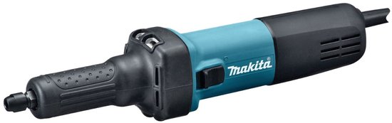 Makita rechte slijper met blauwe en zwarte behuizing, met Makita logo.