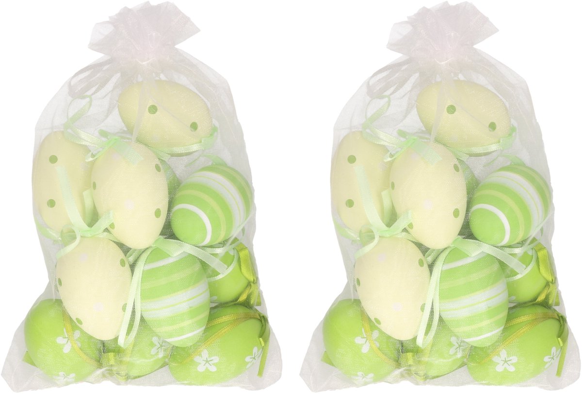 Wurm Paaseieren - 24x stuks - groen/geel - 6 cm - in organza zakje - paasversiering - paasdecoratie - pasen