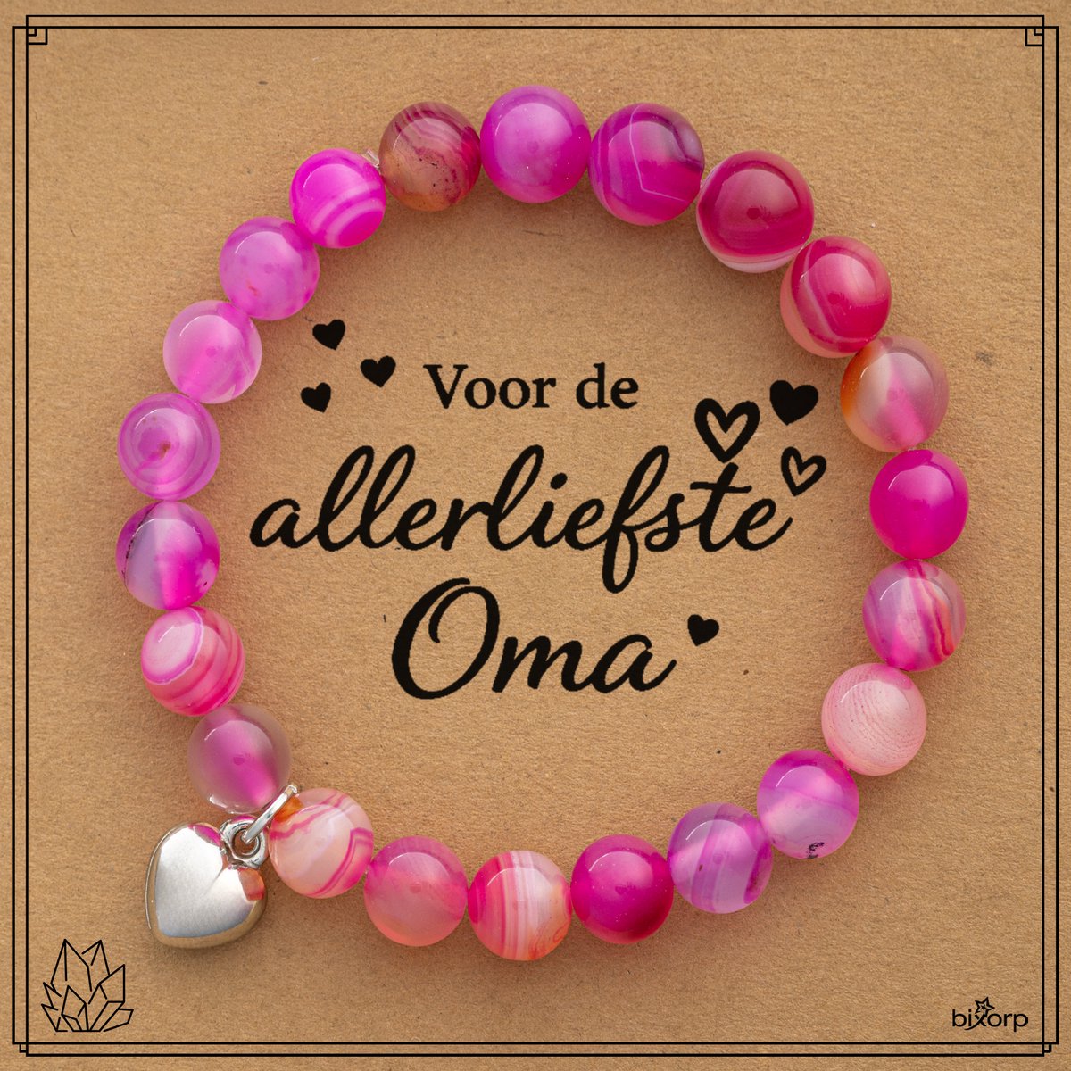 Bixorp Gekleurde Roze Agaat Armband op Cadeau Kaartje - Met Hartje Hanger - Voor de Allerliefste Oma - 8mm / 20cm Natuursteen Kralenarmband - Inclusief Cadeau Envelop