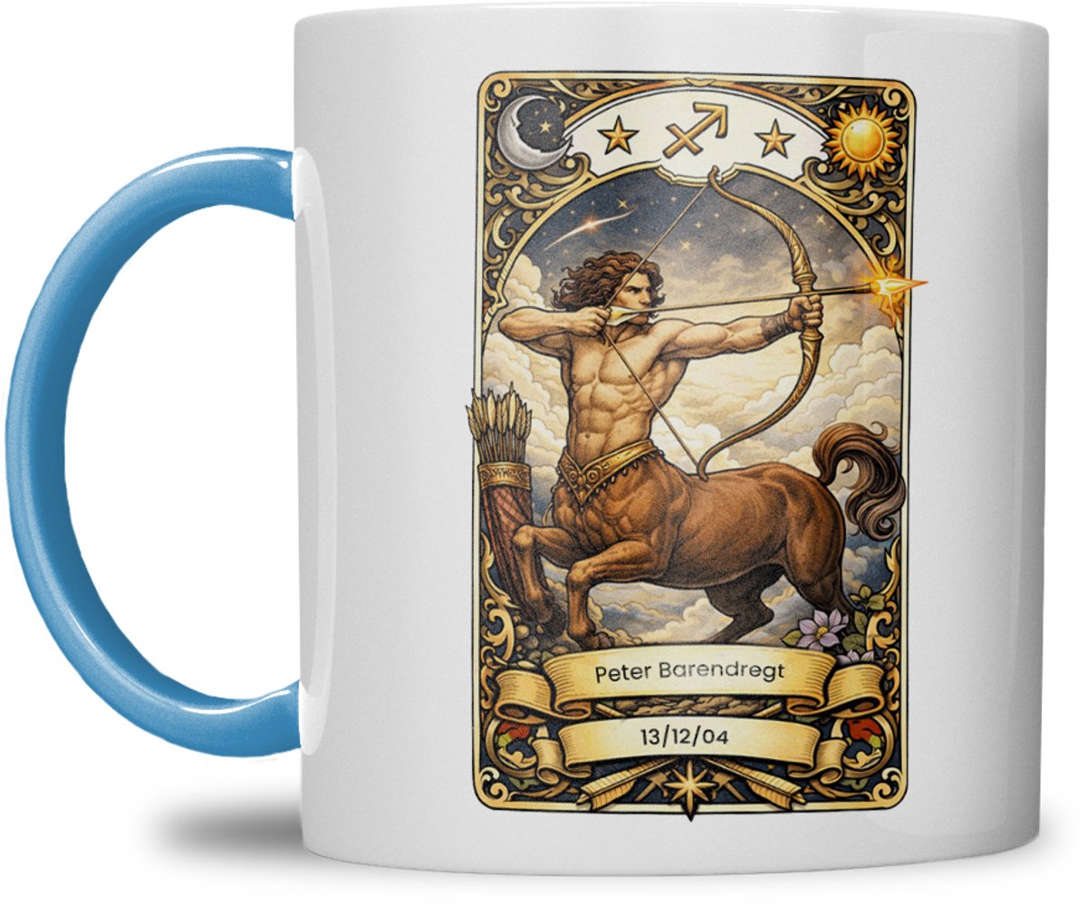 Sterrenbeeld mok - Boogschutter - Licht Blauw - Tarot mok - Gepersonaliseerd met naam en datum