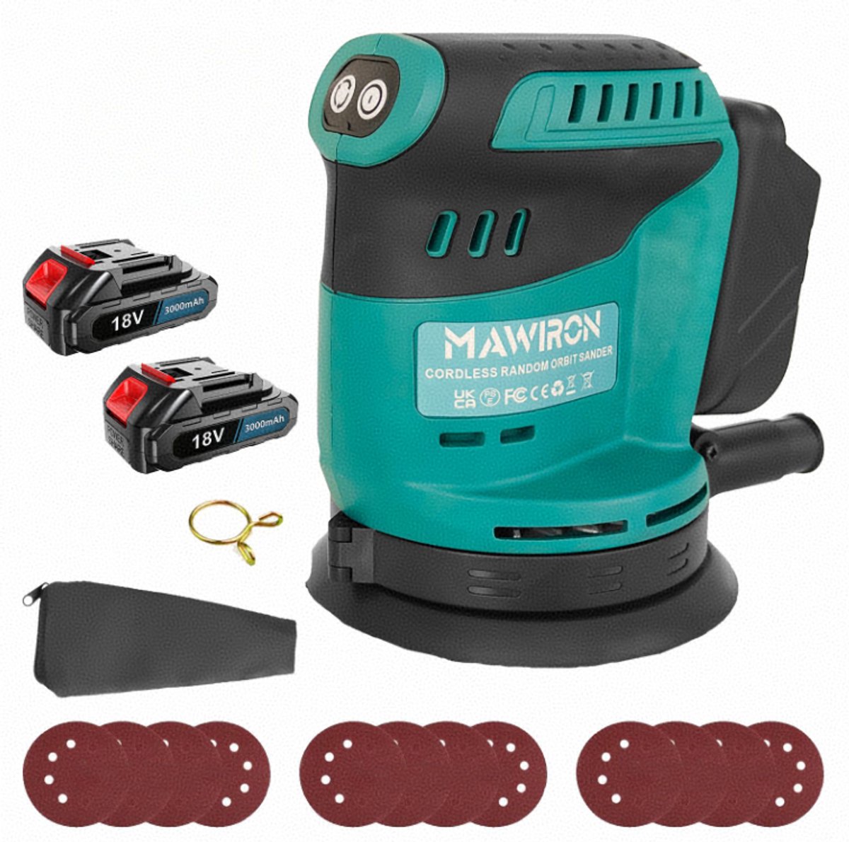 18V draadloze børsteloze roterende schuurmachine, vervanging voor Makita, met 2 stuks 3.0Ah-accu's, instelbare snelheden (7500-15000 tpm), 12x 125mm schuurbladen, stofopvangzak - zachte handgreep