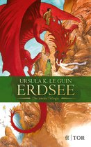 Boekomslag met een rode draak die vuur spuwt naar een persoon in een groen gewaad. Bovenop de draak zit een persoon. De titel "Erdsee" staat prominent in het midden.