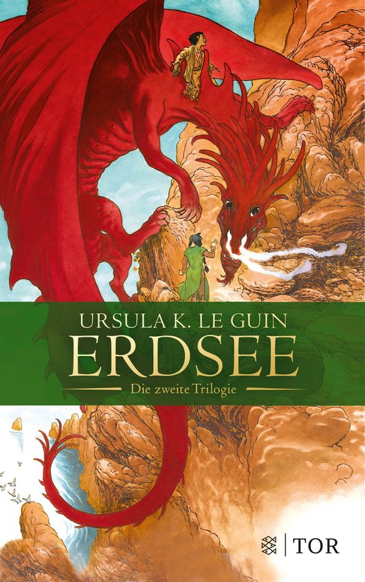 Boekomslag met een rode draak die vuur spuwt naar een persoon in een groen gewaad. Bovenop de draak zit een persoon. De titel "Erdsee" staat prominent in het midden.