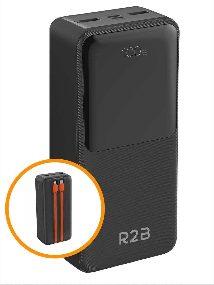 R2B Powerbank 30000 mAh met Ingebouwde Oplaadkabels - R2B - €44,95