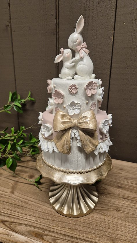 Clayre & Eef Decoratie Beeld Taart Pasen Ø 20x45 cm Wit Roze