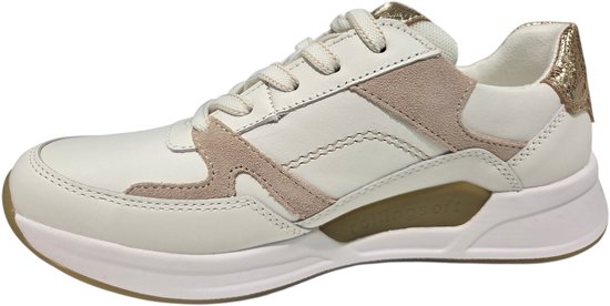 Witte sneaker met roze en gouden accenten, ritssluiting en 'rollingssoft' op de zool.