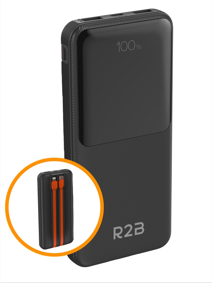 R2B Powerbank 10000 mAh met ingebouwde Oplaadkabels (8 Pins en USB-C) - 2 tot 4 Keer Opladen - Snellader & LED Display - Powerbanks - Oplader - Power Bank