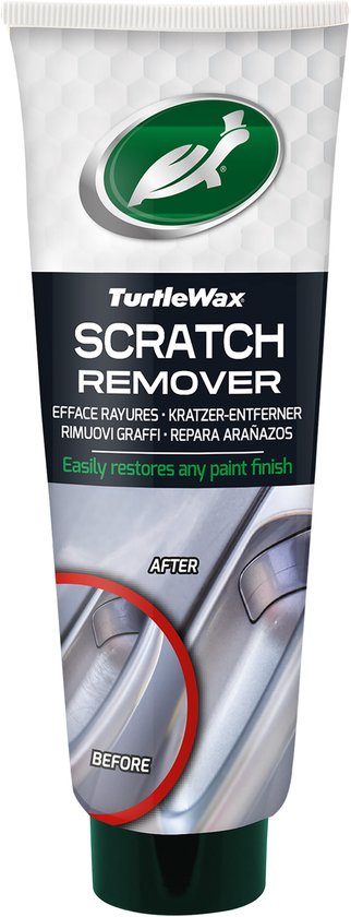 Tube de rénovateur de rayures Turtle Wax avec images "Avant" et "Après" d'une poignée de porte de voiture.