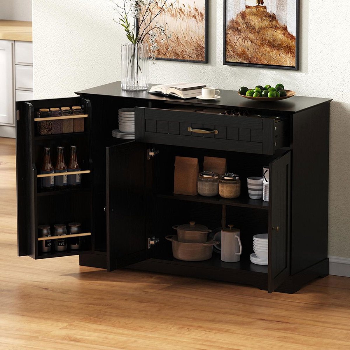 BLACKCOLORS Moderne en elegante buffetkast met 3 deuren en een lade, buffetkast voor eetkamer, woonkamer en gang (zwart)