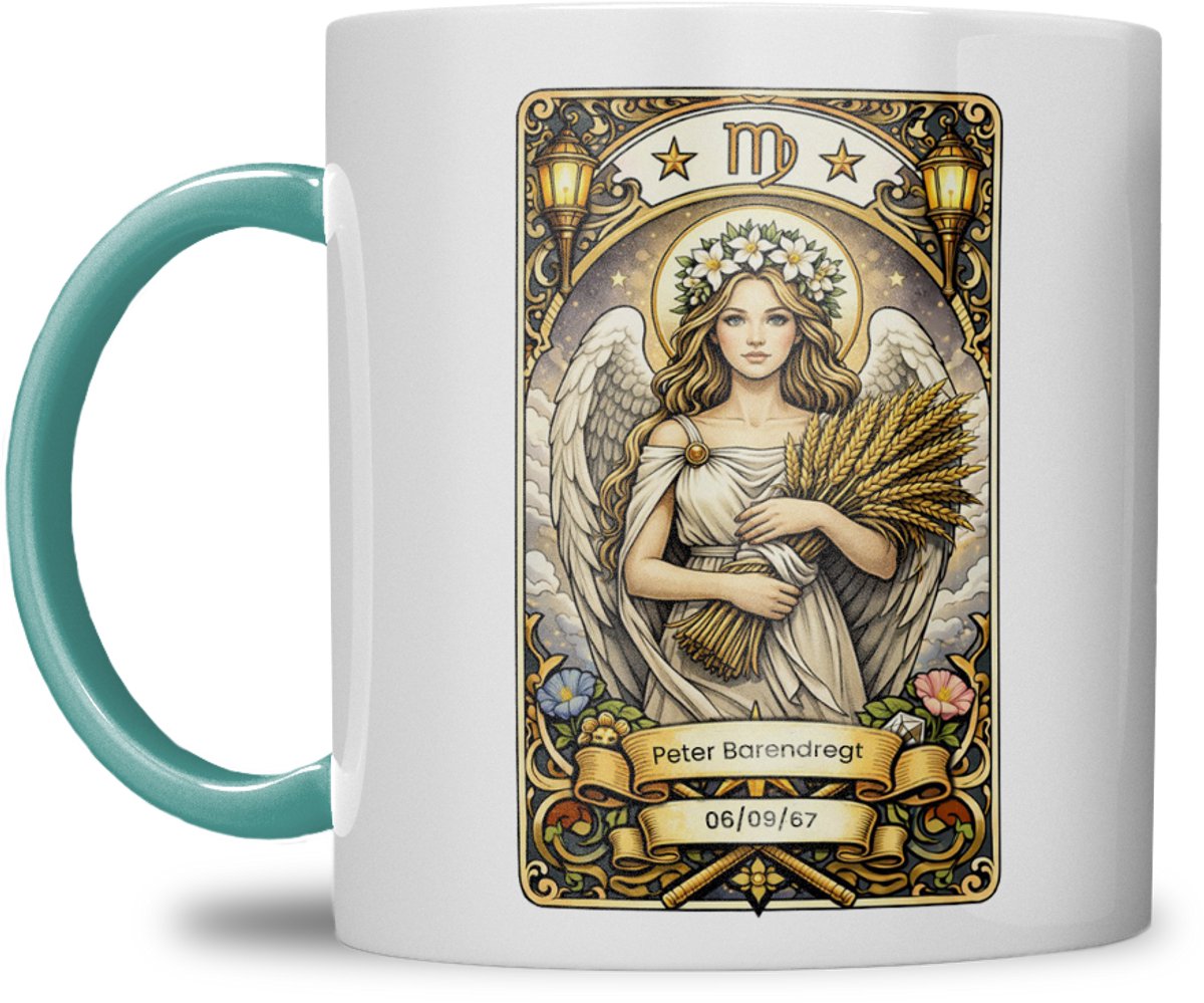 Sterrenbeeld mok - Maagd - Zeegroen Blauw - Tarot mok - Gepersonaliseerd met naam en datum