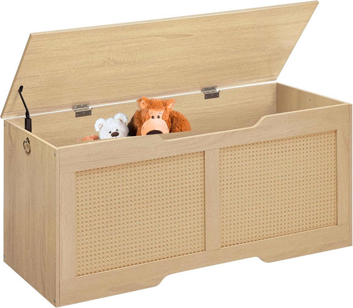 Speelgoedkist 110 cm - Opbergkist - zitbank met opbergruimte - speelgoedkist met deksel - kistbank lange opbergbank - rotan-achtige opbergkist - stevige halbank met een draagvermogen van 100 kg - natuurlijke beige