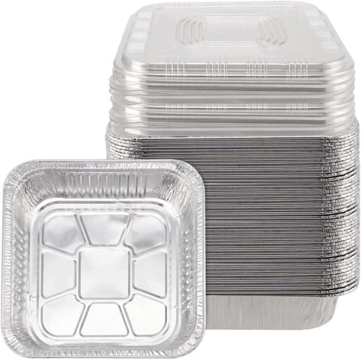 Set van 30 aluminiumfolie bakjes met deksel - Ideaal voor keuken, camping en restaurants - Afmetingen 20,5 x 20,5 x 4,5 cm