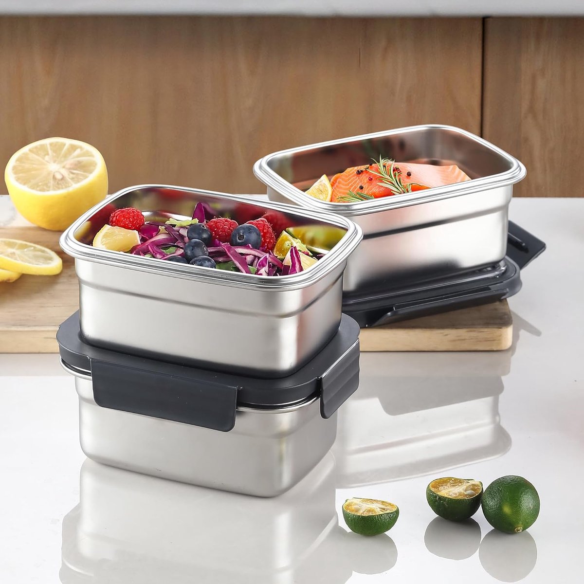 lunch box, Roestvrijstalen Vriescontainers Set 3x1,1L - Luchtdicht, Lekvrij & Stapelbaar - Voor Vriezer, Koelkast en Vaatwasser - BPA-vrije Lunchbox Duurzame Metal Bento Lunchbox en Broodtrommel