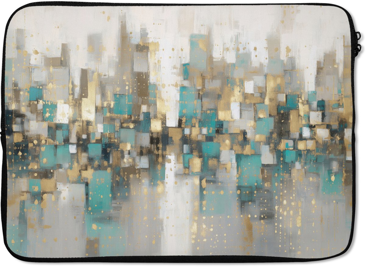 Laptophoes 13 inch - Abstract - Blokken - Goud - Skyline - Laptop sleeve - Binnenmaat 32x22,5 cm - Zwarte achterkant
