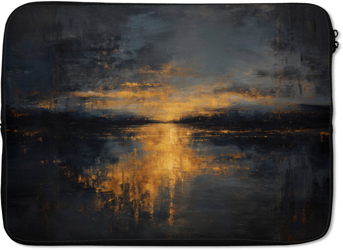 Laptophoes 14 inch - Gouden Reflectie op Water - Laptop sleeve - Binnenmaat 33x23 cm - Zwarte achterkant